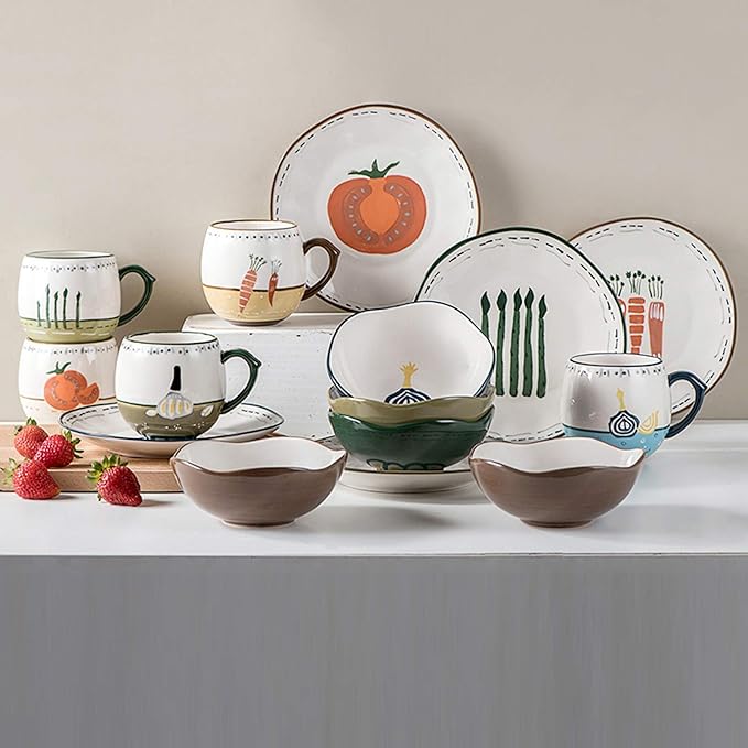 Stylish Dinner PlatesCeramics Dinner Sets 20 Pieces Hand Drawn Vegetable Pattern Porcelain Dinnerware Set