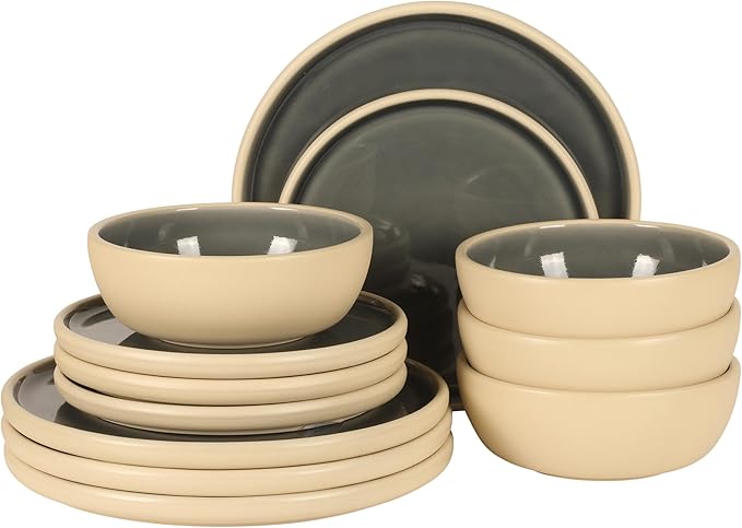 Gibson Elite - Made in Portugal - Port Gaia 12 Piece (Service for 4) Plates and Bowls Reactive Glaze Dishes Stoneware Ceramic Dinnerware Set - Blue