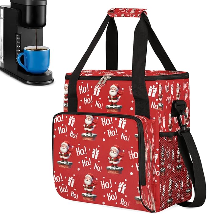 Merry Christmas Santa Claus Gift Coffee Maker Carring Bag Travel Carrying Storage Tote Bag Compatible with Keurig K-Mini or K-Mini Plus Portable Single Serve Coffee Brewer Case with Pockets