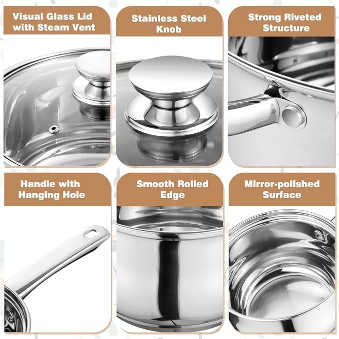 Walchoice 8-Piece Stainless Steel Cookware Set Kitchen Pots and Pans Set with Glass Lid for Cooking Kitchen Cookware Set with Utensils Induction &amp Dishwasher Safe Silver