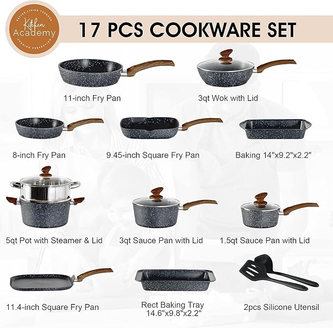 Kitchen Academy 17-Piece Induction Cookware Set – Non-Stick Granite Pots and Pans PFOA &amp PFOS Free Sleek Black Cookware for Effortless Cooking