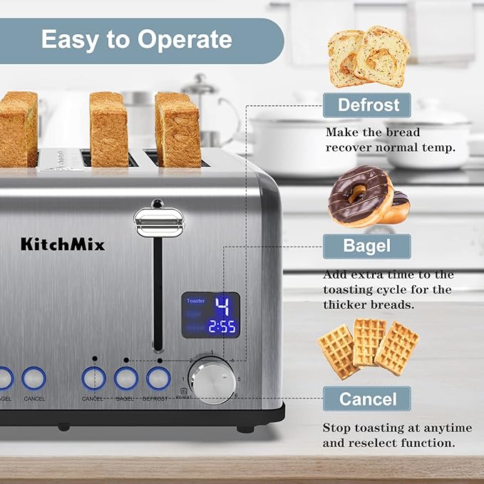 Toaster 4 Slice KitchMix Bagel Stainless Toaster with LCD Timer Extra Wide Slots Dual Screen Removal Crumb Tray (Stinless steel)