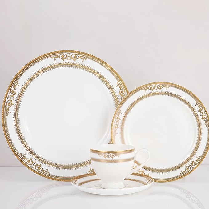 24 pieces bone china dishes set for 6 ceramic plate set with gold thread elegant royal pattern dinnerware sets for wedding afternoon tea and birthday
