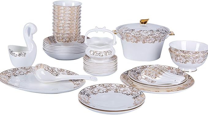 Kitchen Tableware SetCeramics Dinnerware Set European Style High-end Porcelain Dishware Set with Soup Pot and Cereal Bowl 48 Pieces Bone China Dinner Sets for Family G