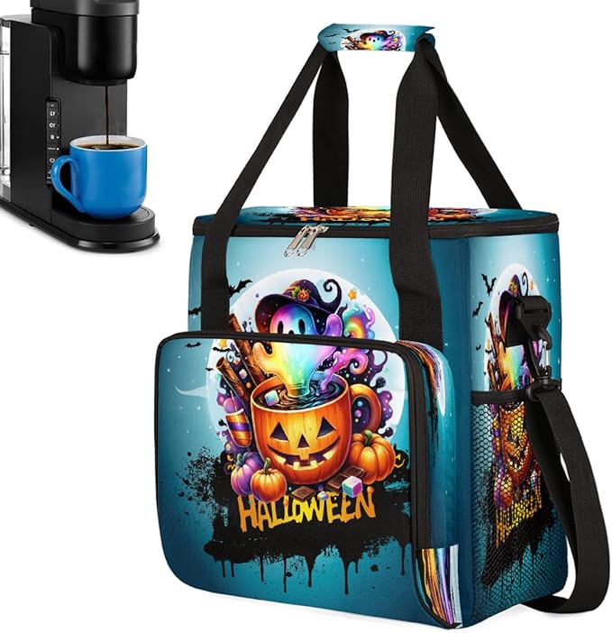 Halloween Potion Ghost Pumpkin Coffee Maker Carring Bag Travel Carrying Storage Tote Bag Compatible with Keurig K-Mini or K-Mini Plus Portable Single Serve Coffee Brewer Case with Pockets