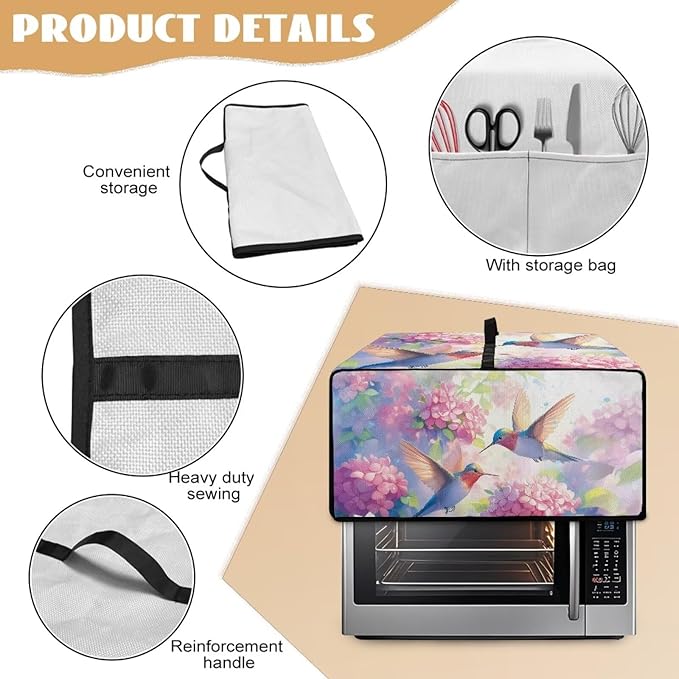 Toaster Oven Cover with Storage Pockets Fits Machines Up to 18.5x14.5x9 Convection Toaster Oven Covers for Family Kitchen Essential Hydrangea Hummingbird
