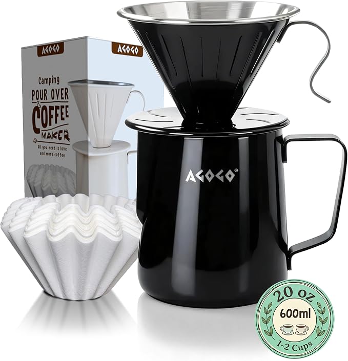 AGOGO Portable Pour Over Coffee Maker V60 Set - Easy Cleaning Compact 304 Stainless Steel Dripper for Camping &amp 50 Filters Paper &amp Barista Towel Black 20oz/600ml