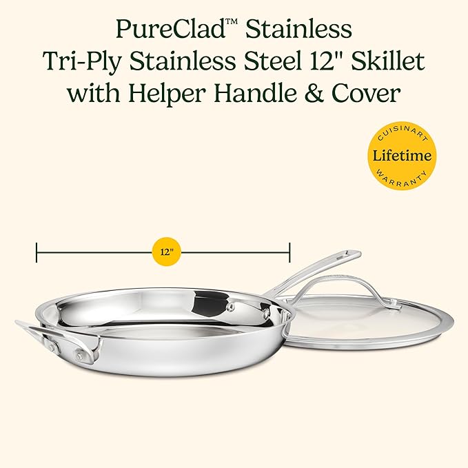Cuisinart PureClad™ PureClad™ Triple-Ply 12 Stainless Steel Skillet with Helper Handle and Cover. PCT22-30HC