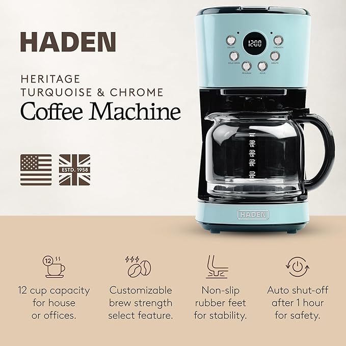 Haden Coffee Machine 12 Cup Programmable Drip Coffee Maker with Auto Shut-Off Function and Reusable Washable Water Filter Turquoise &amp Chrome
