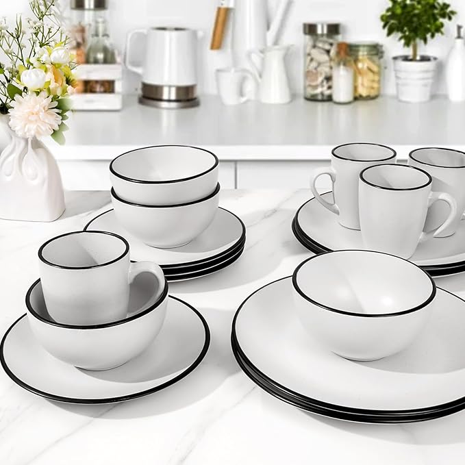 Homlouue 16 Pieces Stoneware Dinnerware Set Speckled Ceramic Plates and Bowls Mugs Sets Service for 4 Ceramic Dishes Set Microwave and Dishwasher Safe(White with Black Rim)