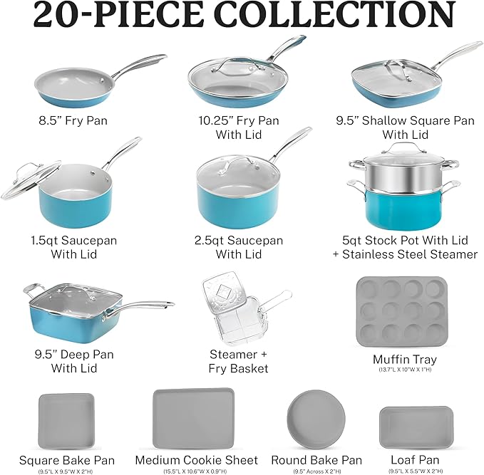 Gotham Steel 20 Piece Pots and Pans Set Nonstick Cookware Set Pot and Pan Set Kitchen Cookware Sets Ceramic Cookware Set Ceramic Pots and Pans Set Pot Set Dishwasher Safe Aqua Blue