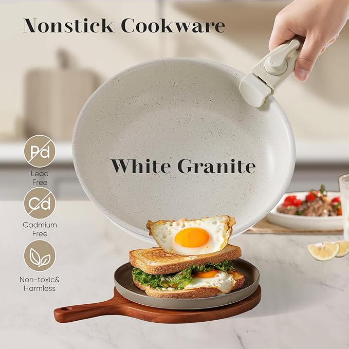 Sweetcrispy 12 pcs Pots and Pans Set Nonstick Kitchen Induction Cookware Suit with Detachable Handle Dishwasher Oven Safe Milky White