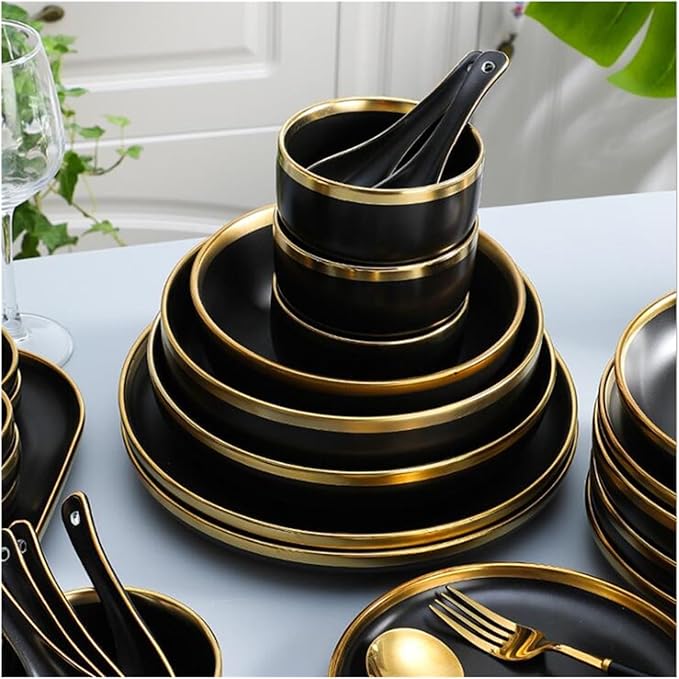 Black Porcelain Dinnerware Set Kitchen Dishes Ceramics Tableware Food Tray Rice Salad Noodles Bowl Cutlery Set (7.5 Inch Plate 1pcs)