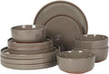 Gibson Elite Northrock Stoneware Dinnerware Set 12-Piece Service for 4 Plates and Bowls Set – Gray Dishes with Hand-Painted Terracotta Base