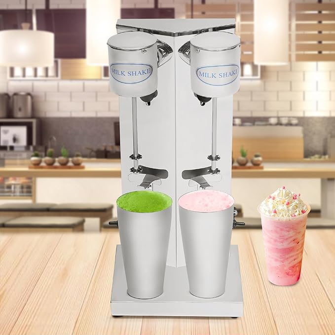 PERFERATE Electric Milkshake Maker Machine 110V Double-head Commercial Milkshake Machine 2 Speeds Stainless Steel Smoothie Blender 27-Oz/Cup Drink Mixer Frappe Machines for Cafe (Double-Head)