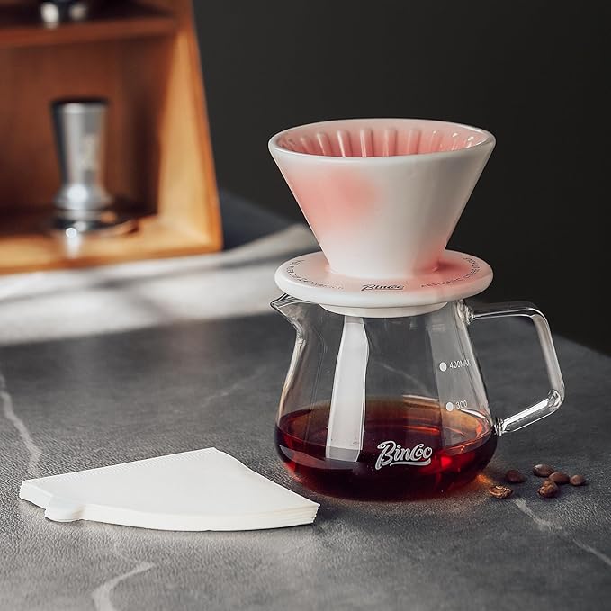 Bincoo Ceramic Coffee Dripper Vertical LinesPour Over Coffee Maker Size 01Manual Pour Over Brew MakerSingle Cups Slow Brewing Accessories (Pink)