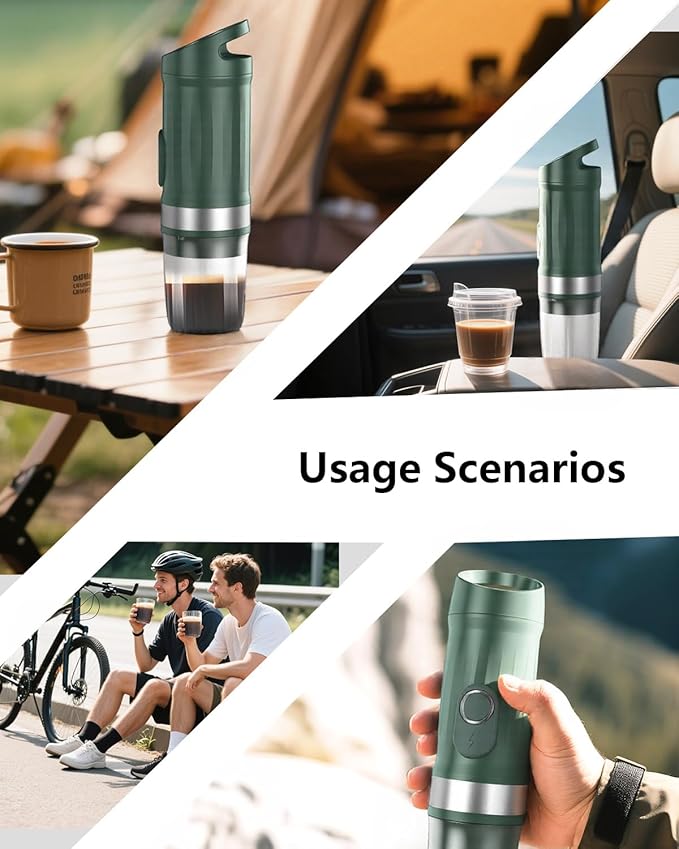 Portable Espresso Machine 3Minute Auto Heat12V Rechargeable Electri Coffee Maker 20 BaCompatible with NS DG Capsules and GroundCoffee for Camping Travelling RVing HikingandOffice (Green)