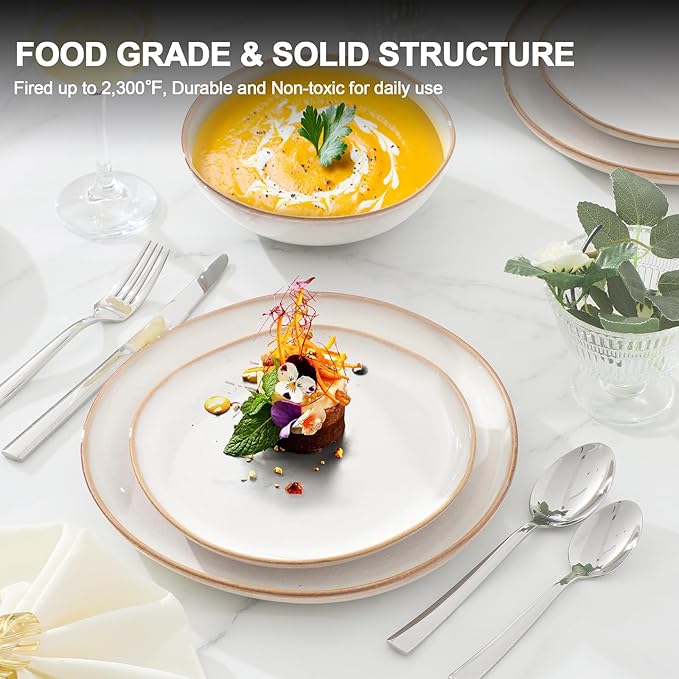 Vesteel Dinnerware Set for 4 12 Pieces Premium Stoneware Plates and Bowls Set Handmade Reactive Glaze Dishes for Home Chip &amp Scratch Resistant Microwave and Dishwasher Safe - Pearl White