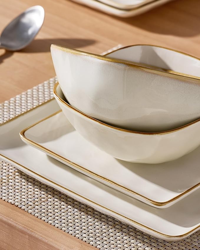 Famiware Dinnerware Sets for 4 Ocean Square 12-Piece Kitchen Plates and Bowls Sets Microwave and Dishwasher Safe Scratch Resistant Vanilla White