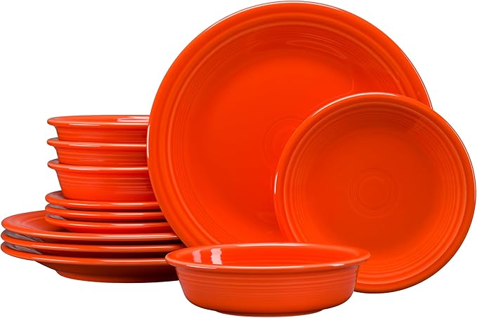 Fiesta® Classic Rim 12-Piece Dinnerware Set – Durable Ceramic Lead-Safe Dishwasher/Microwave/Oven Safe – Made in USA Dinnerware - Poppy