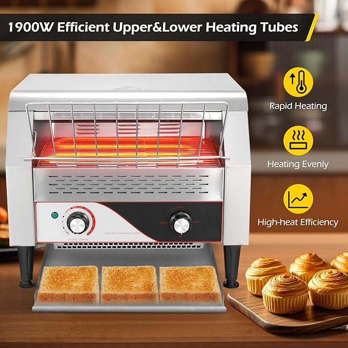 Dyna-Living Commercial Toaster 450 Slices/H Restaurant Toasters 1900W Conveyor Rotating Toaster Oven Commercial Belt Toasters Hamburger Bread Bun Toaster for Restaurant
