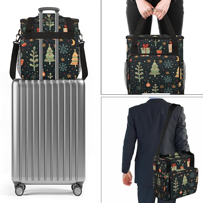 Retro Xmas Tree Coffee Maker Carrying Bag Portable Travel Storage Tote Bag Compatible with K-Mini or K-Mini Plus Single Serve Coffee Brewer Carrying Case with Multiple Pockets &amp Shoulder Strap