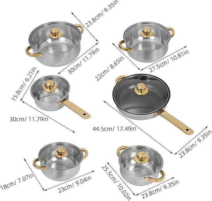 VANZACK Stainless Steel Cookware Set with Nonstick Frying Pan and Gold Handles Even Heat Distribution Pots and Saucepan for Induction Gas Electric Stoves Kitchen Essentials for Family