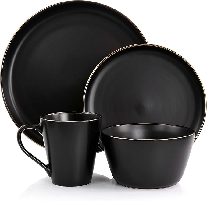 Unknown1 16 Piece Stoneware Dinnerware Set in Matte Black with Gold Rim Solid Modern Contemporary Round Dishwasher Safe