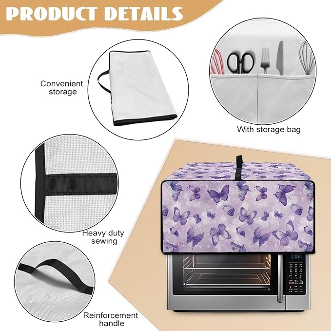 Butterfly Print Toaster Oven Cover Wide Slot Stain Resistant Bread Machine Cover with Side Pockets for Kitchen Counter Decorative 20.5 x 16.5 x 10 Purple