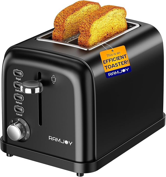 Black Toaster 2 Slice Extra Wide Slot Toaster for Bagels Bread Waffles 7 Shade Settings 4 Main Functions Removable Crumb Tray 900 Watts Toasters Black Stainless Steel