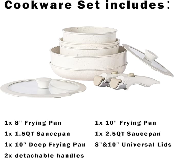 Non Stick Pot and Pan Set with Removable Handle Ceramic Cookware Set Detachable Handle Induction Kitchen Camping Stackable Pots Pans Dishwasher/Oven Safe Grey