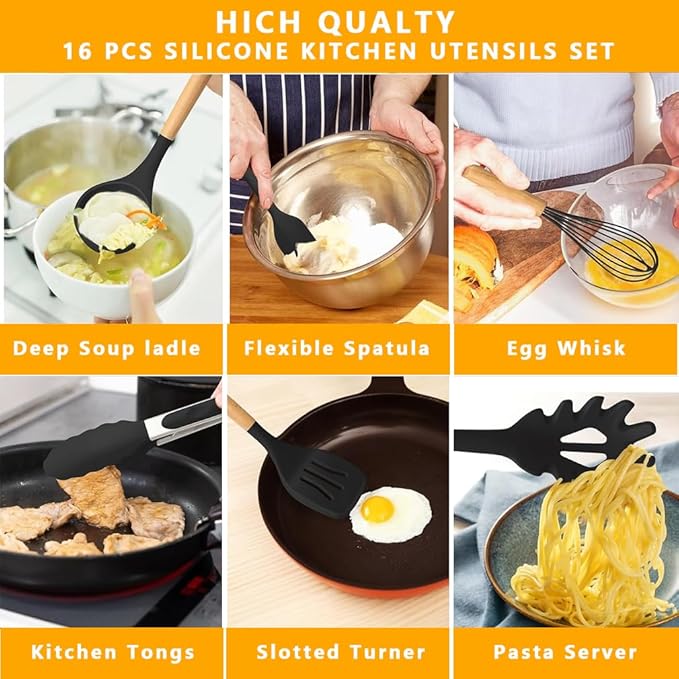 19 Piece Silicone Kitchen Utensil Set with Storage Bucket Non-Stick Cookware Tools Camping Chef Kit Food Grade Heat Resistant Silicone and Rust-Proof Coating