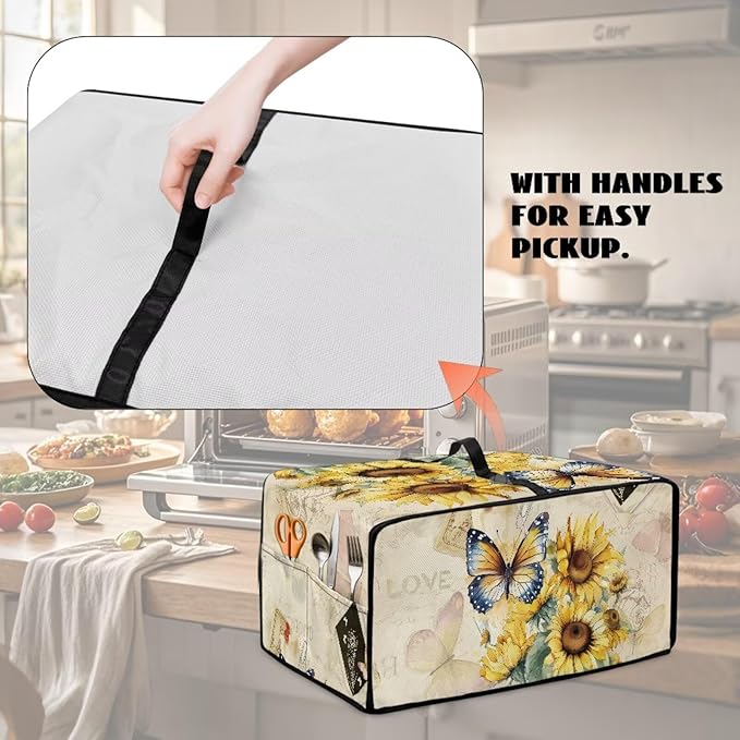 Toaster Oven Dust Cover with Accessory Pockets Neat Storage and Protection with Organizing Side Pockets for Kitchen Toaster Oven Appliances Decor Sunflower Butterfly
