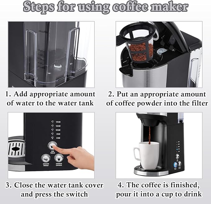 Single Serve Coffee Maker K Cup and Ground Coffee Brewer 14 oz Personal Coffee Maker with 24 oz Water Reservoir Auto-Shutoff Compact Small Coffee Machine for Home &amp Office
