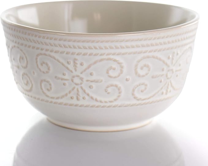 MISC 16 Piece Embossed Scalloped Stoneware Dinnerware Set in White Textured Casual Round Dishwasher Safe