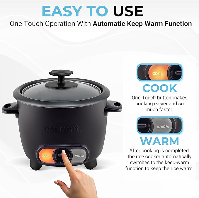 Courant Rice Cooker 8-Cup (Cooked) Removable Non-Stick Bowl One Touch Rice Cooker Black