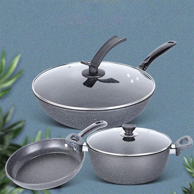 N/A Light Grey Cookware Set Soup Pot Set Frying Pan Milk Pot Cooking Pot Pan Non-Stick Pan Set Casserole Wok (Color : Light Grey Size