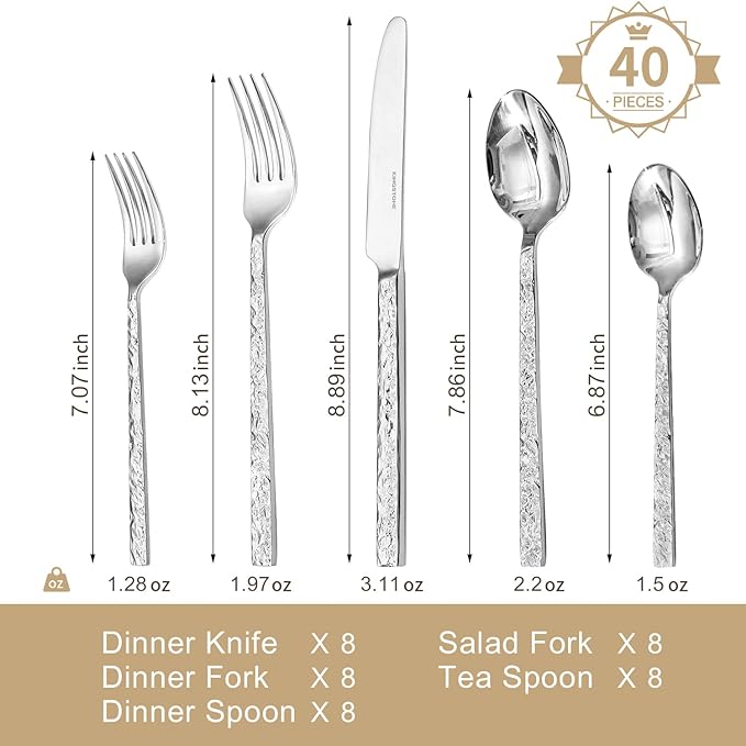 KINGSTONE 40 Pcs Hammered Silverware Set for 8 18/10 Stainless Steel Heavy Duty Flatware Set Tableware Cutlery Utensil Sets for Home Restaurant Dishwasher Safe