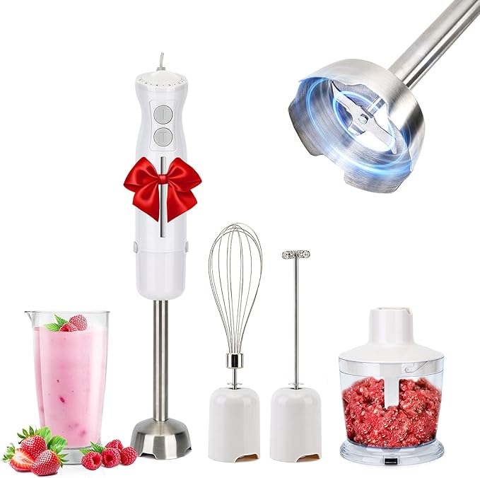Handheld Blender 5-in-1 Multi-Function Stick Mixer 600w 10 Speed - Perfect for Food Whipping Milk &amp Egg Mixing - Mortar Beaker &amp Measuring Cup Included