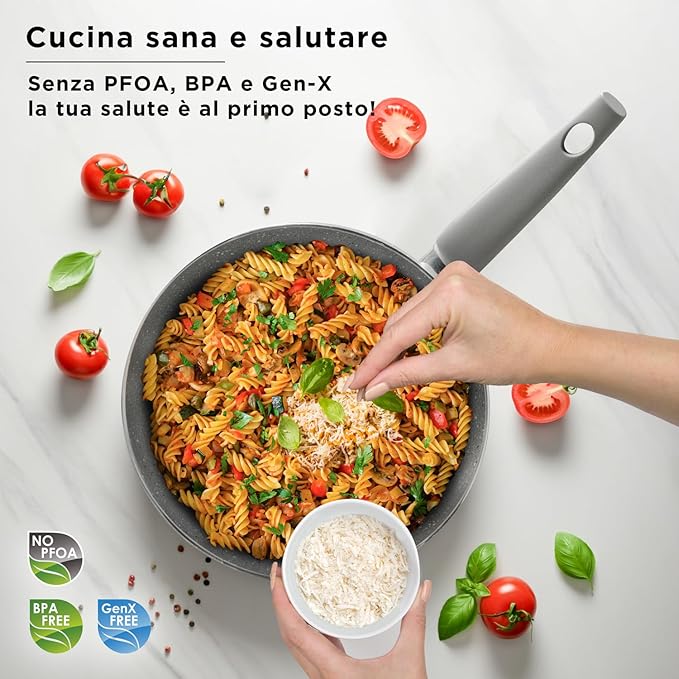 12Pcs Cookware set Made in Italy pots and pans set Nonstick kitchen set Greblon nonstick coating Healthy &amp PFOA/GenX-free Oven-safe baking pans Grey (12 Piece)
