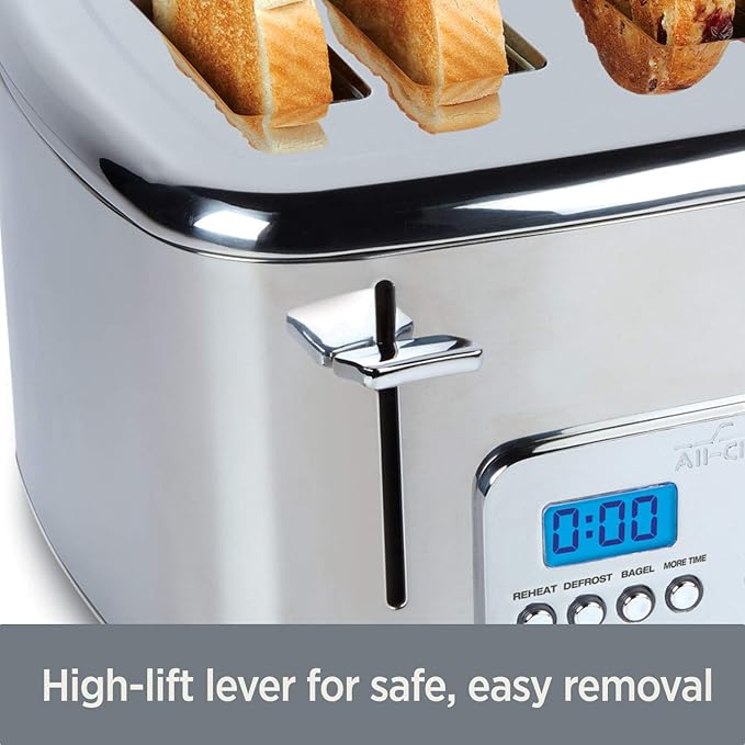 All-Clad Electric Stainless Steel Toaster 4-Slice LED Display Removable Crumb Tray Internal Cord Storage 6 Browning Levels Wide and Self-Centering Slots Waffles Bagels Bread Silver