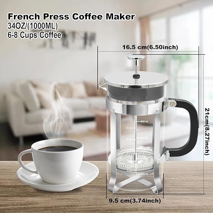 French Press Coffee Maker34oz 304 Stainless Steel with 2 Filter Heat Resistant Durable Easy to Clean Borosilicate Glass Press BPA Free Glass TeaPot-34 Ounce 1 Liter (Chrome)
