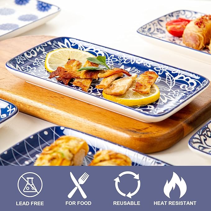 12 Pcs Ceramic Dinnerware - 12 OZ Dessert Bowls and 8 IN Rectangle Serving Platter Set - Service for 6 - Vintage Blue