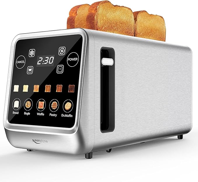 Keenstone Toaster 4 Slice Digital Smart Toaster with TouchScreen Memory Function Single Slot Toasting Timer Reheat &amp Defrost for Bagels Bread Waffles Muffin Stainless Steel Kitchen Essent