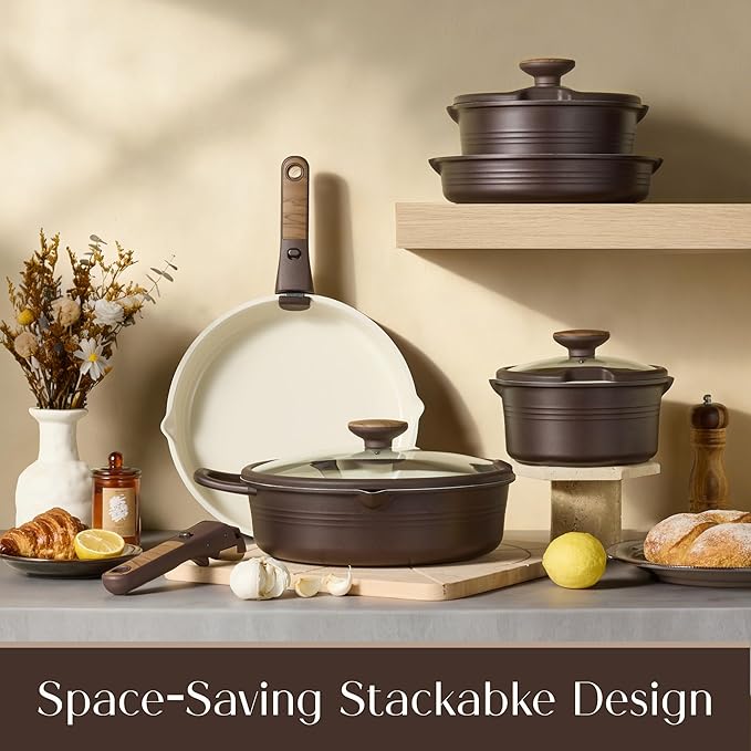 CAROTE 22Pcs Titanium Cookware Set Pots and Pans Set Non Stick Kitchen Cooking Set with Detachable Handle Non Toxic Induction Cookware Dishwasher/Oven Safe Browm