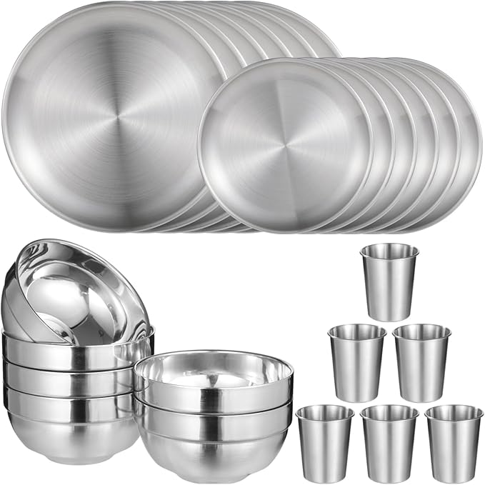 24 PCS Stainless Steel Dinnerware Set Includes 12PCS 6.7 &amp 10.2 in Plates 6 Pieces Bowls and 6 Pieces Cups 304 Reusable Camping Mess Kits for Home Kitchen Dorm and Outdoor Picnic (Silver)