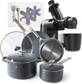 Greater Goods Savvy Ceramic Nonstick Cookware Set and Cold Press Juicer Bundle (Midnight Gray/Onyx Black)
