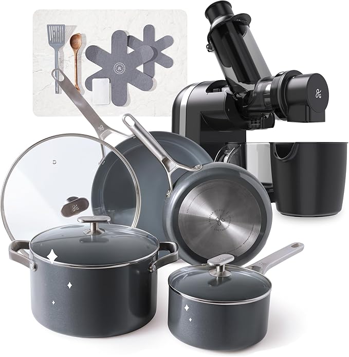 Greater Goods Savvy Ceramic Nonstick Cookware Set and Cold Press Juicer Bundle (Midnight Gray/Onyx Black)