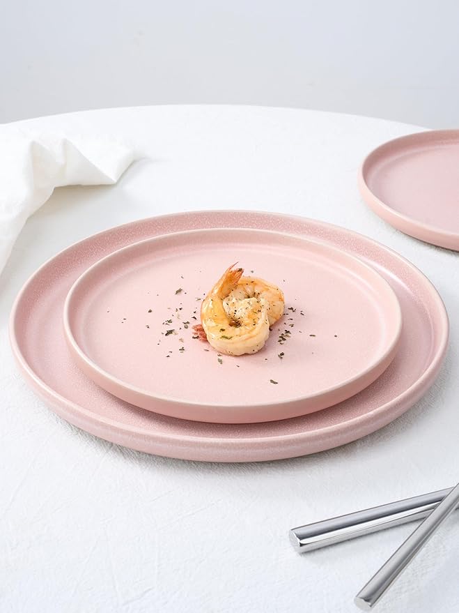 Famiware Milkyway Plates and Bowls Set 12 Pieces Dinnerware Sets and 4 Pieces Pasta Bowls Double Reactive Glaze Sturdy &amp Stackable Stoneware Dishes Set for 4 Light Pink