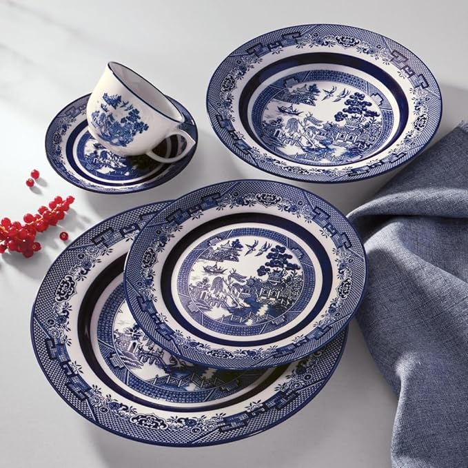 Oxford Flamingo-Blue Willow Porcelain 20 Piece Dinnerware Set Service for 4